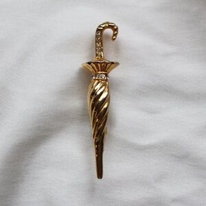 Vintage Gold Umbrella Brooch with Rhinestones